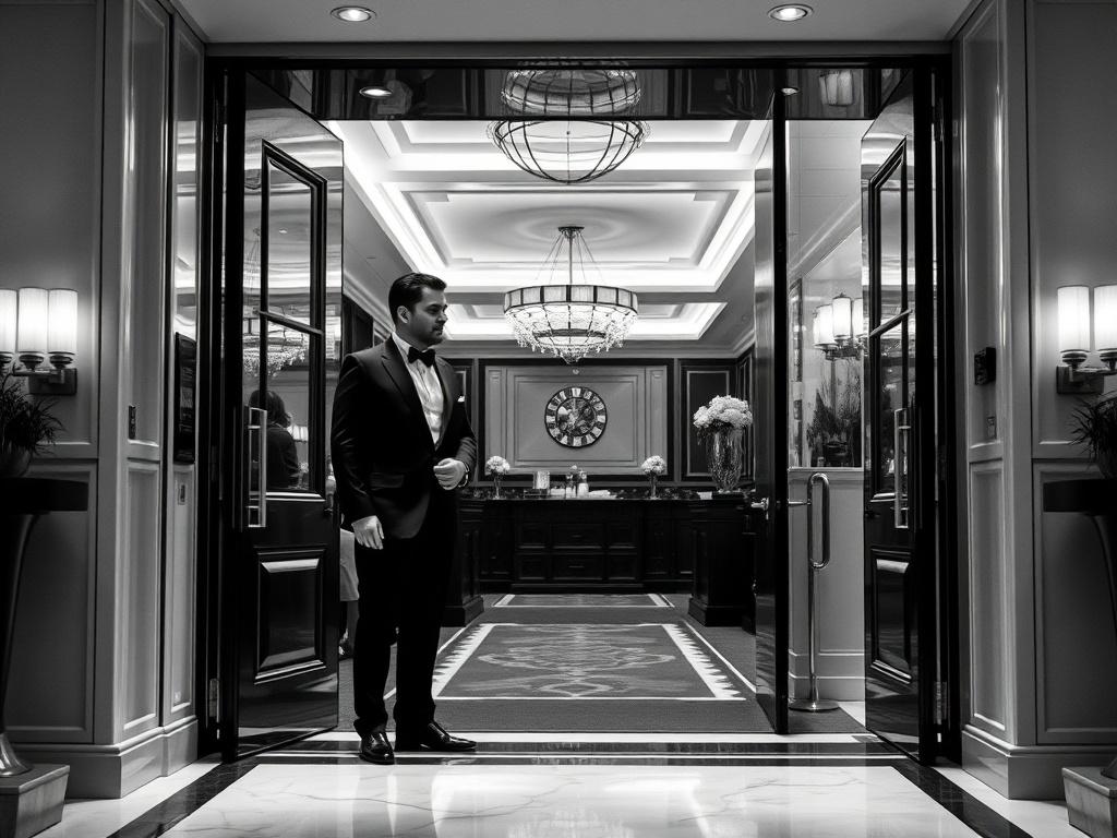 A high-resolution black and white image featuring an elegant private club entrance, with a sophisticated doorman welcoming an individual in formal attire. The background showcases luxurious decor and an inviting ambiance, conveying exclusivity and elegance. The composition should focus solely on the entrance, capturing the essence of a high-end private club experience.