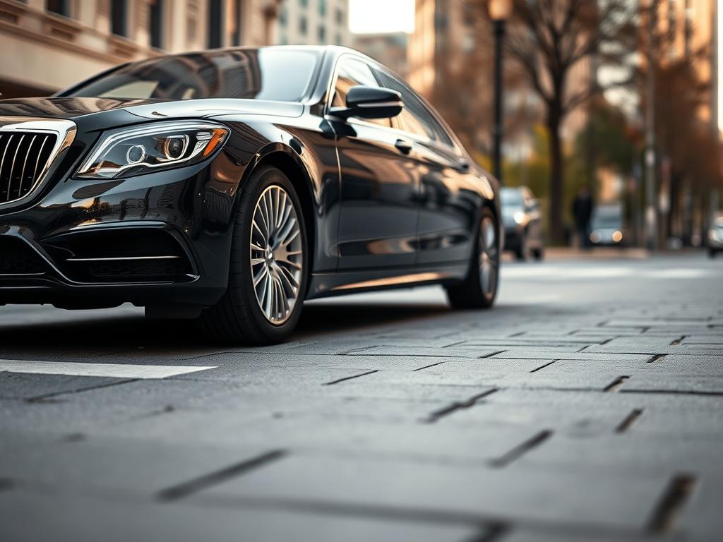 A luxurious black sedan parked on a city street, showcasing its sleek design and polished exterior. The scene captures the essence of comfort and elegance, with a blurred urban backdrop that highlights the sophistication of private ground transportation. The focus is on the car, with soft natural lighting enhancing its features. The composition is simple and clear, emphasizing the luxurious nature of the vehicle.