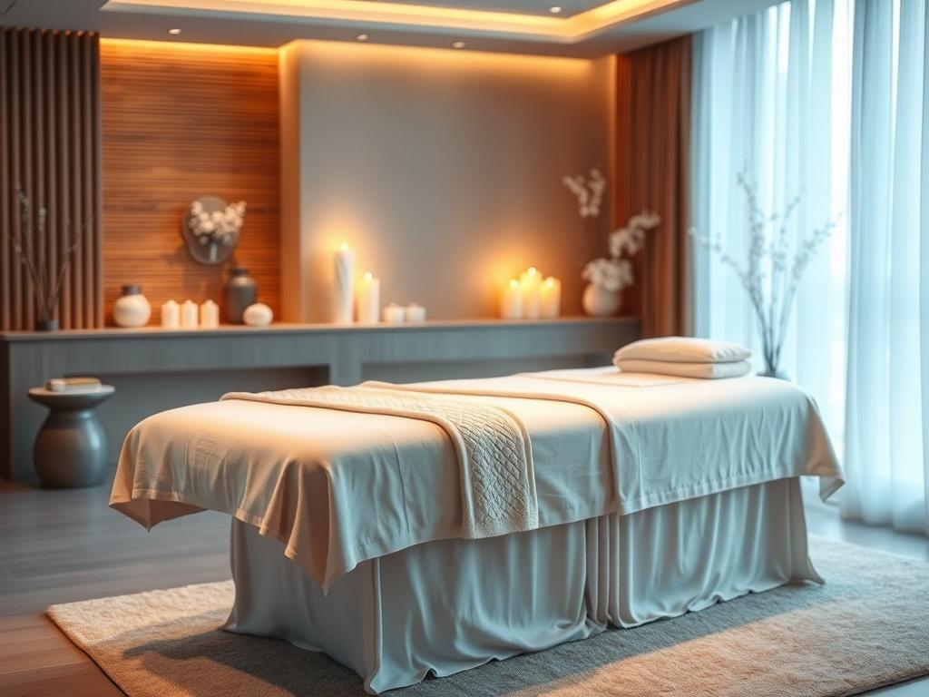 A serene and calming indoor setting featuring a luxurious massage