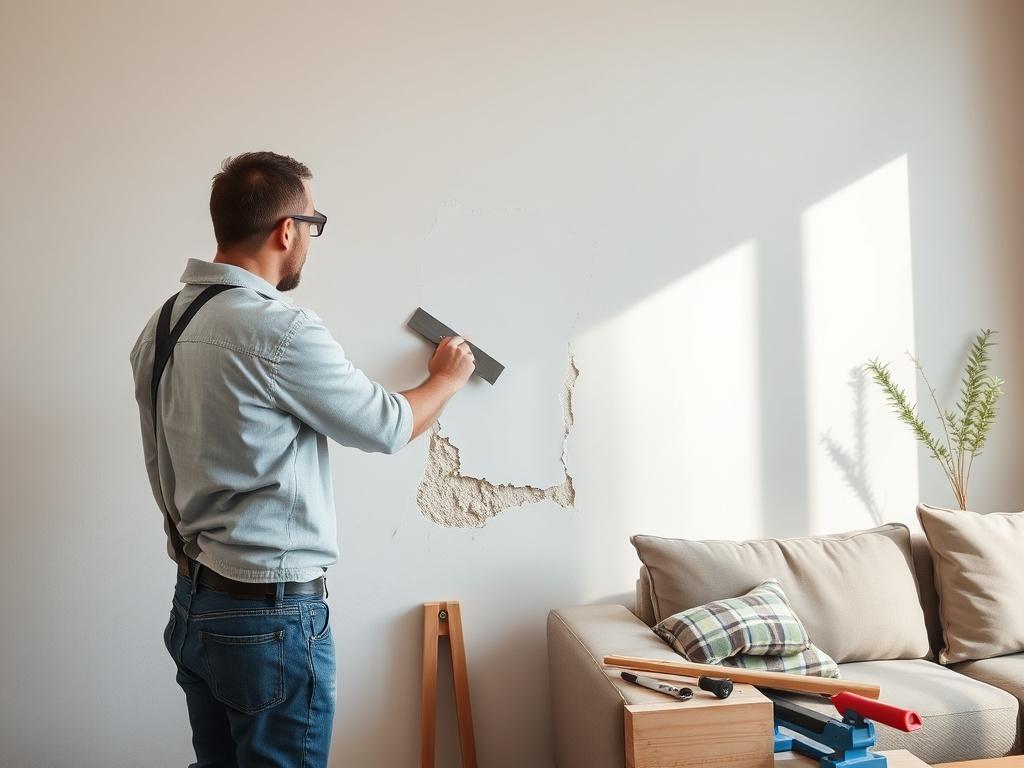 A handyman applying finishing touches to a freshly repaired drywall