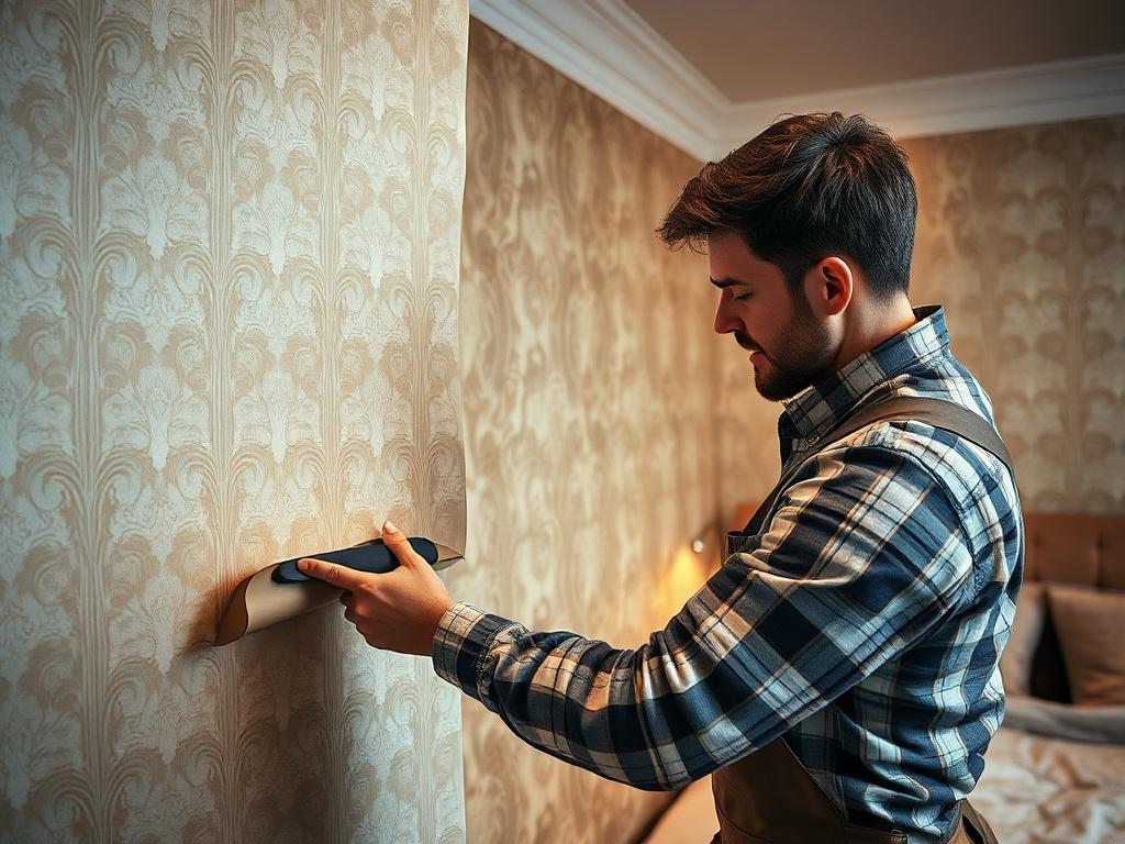 A skilled handyman carefully installing elegant wallpaper in a cozy