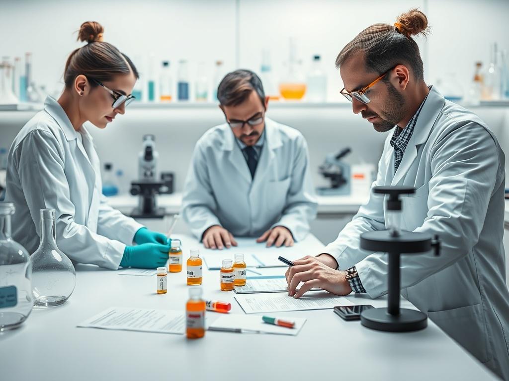A scene in a chemistry lab featuring three people engaged in collaborative research. They are focused on vials and notes spread out on a clean, organized lab bench. One person is holding a pill bottle labeled 'BrainKind Solution'. The background showcases laboratory equipment like beakers, flasks, and microscopes, all rendered in photorealistic, extreme detail. The overall composition is minimalistic with clean lines and bold vibrant colors, emphasizing the essential elements of scientific inquiry.