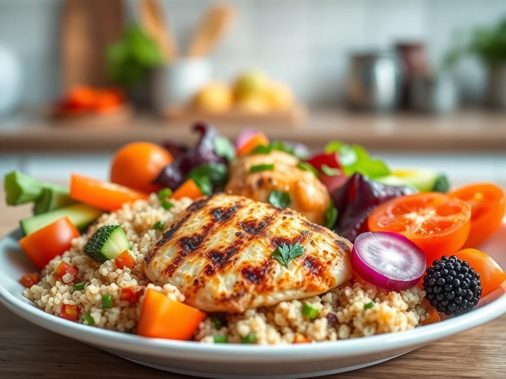A close-up shot of a vibrant, colorful plate of healthy food, including grilled chicken, quinoa, and a variety of fresh vegetables, beautifully arranged. The background should be a softly blurred kitchen setting, indicative of a healthy lifestyle. The colors should pop, emphasizing the freshness of the ingredients, with a focus on clarity and detail.