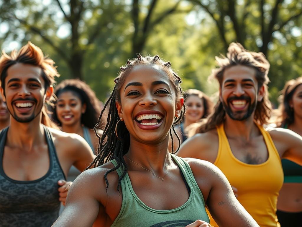 A close-up shot of a group of diverse individuals engaging in a lively fitness class outdoors, showcasing camaraderie and support. The scene should capture their enthusiasm and determination, with bright sunlight filtering through trees, creating an uplifting atmosphere. Focus on the energetic expressions of the participants, highlighting the sense of community.