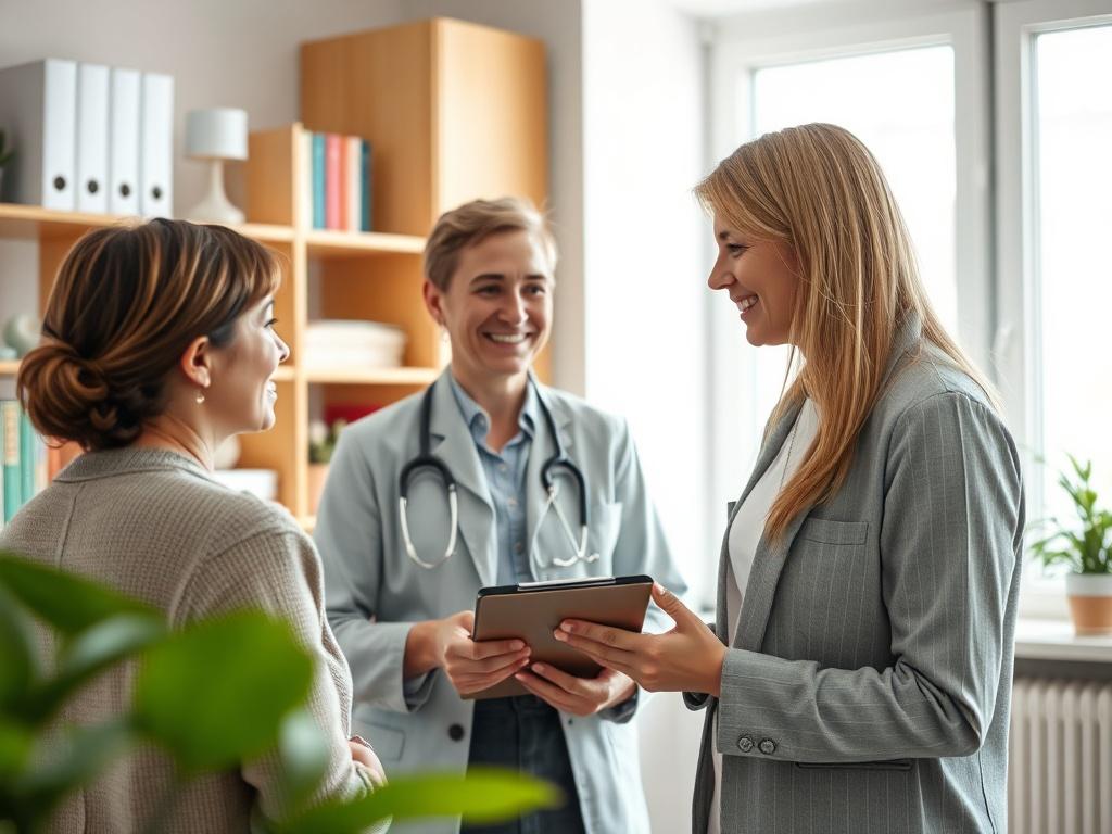 A close-up shot of a knowledgeable nutritionist engaging in conversation with a client, surrounded by a warm and inviting office space. The nutritionist should appear friendly and approachable, with a clipboard or tablet in hand, actively listening. The background should showcase health-related books and a plant, creating a professional yet welcoming atmosphere.