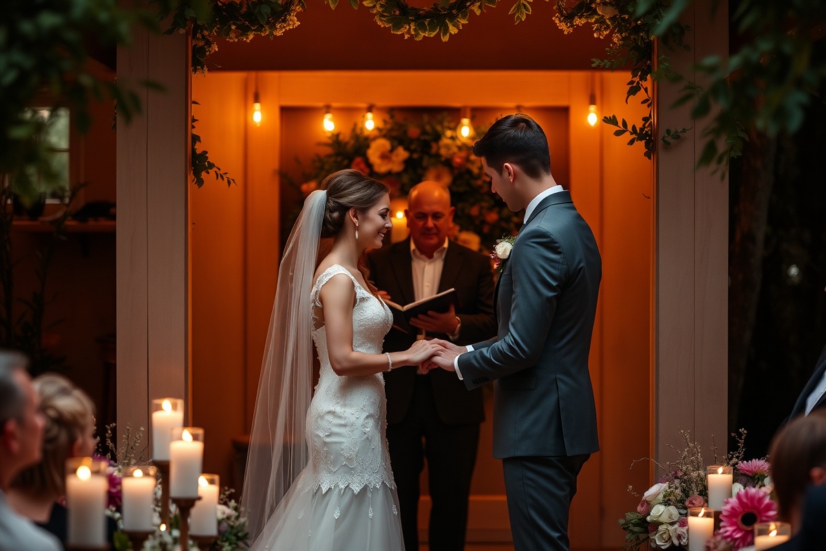 Intimate wedding ceremony in a cozy garden chapel with romantic candlelit setting