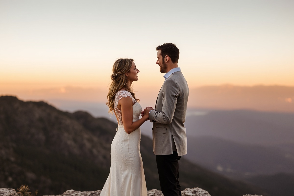 Elopement ceremony on a scenic mountain overlook at golden hour