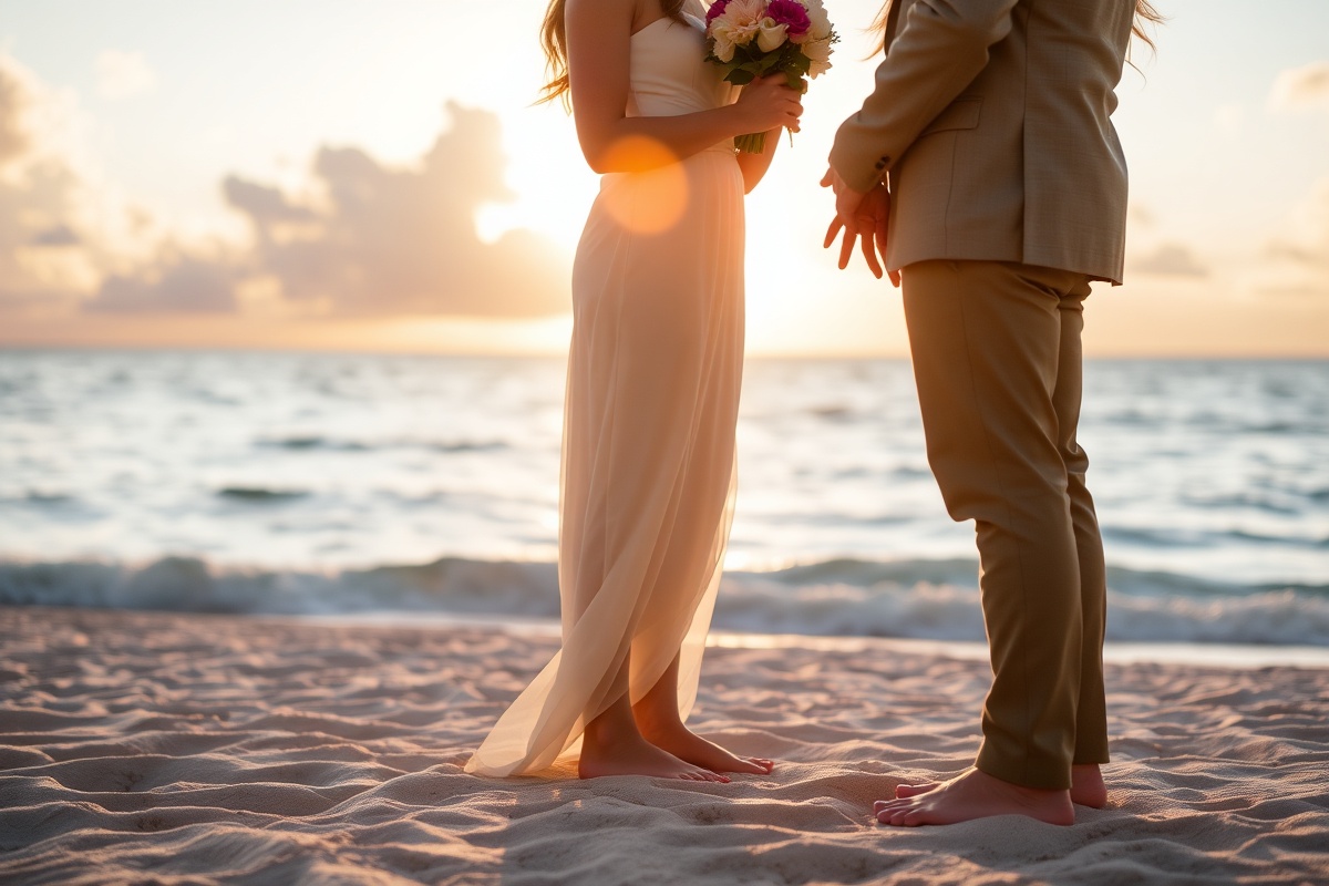 Beach destination wedding ceremony at sunset with ocean backdrop