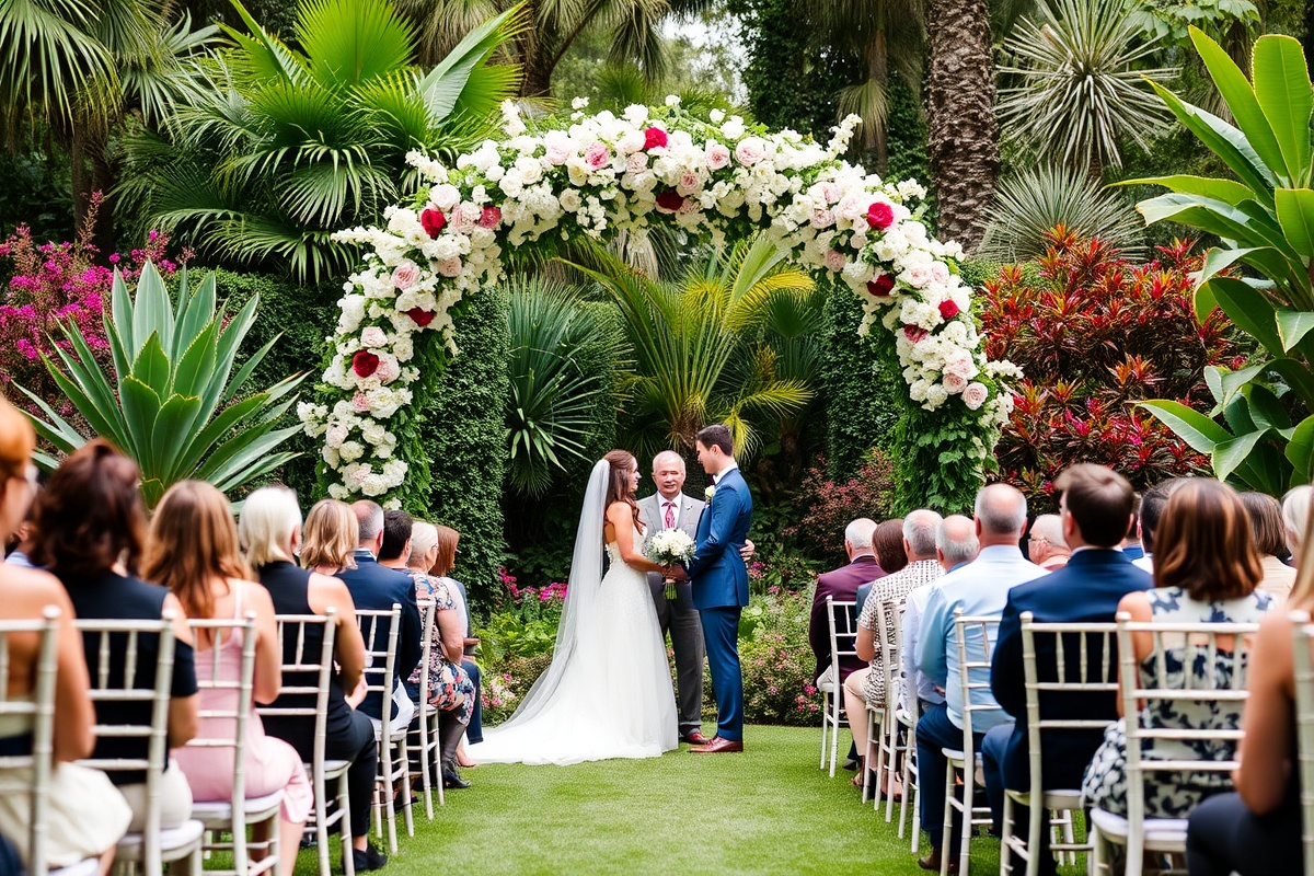 Garden wedding ceremony with decorative flower arch and lush botanical setting