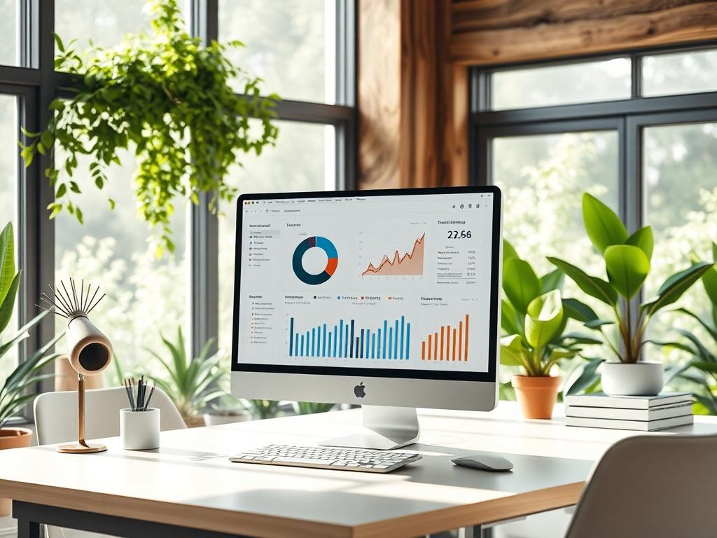 A high-resolution photo of a sleek, modern workspace featuring a computer screen displaying advanced AI software analytics. The setting should be bright and inviting, with natural light streaming in through large windows. The desk is organized with minimalistic design elements. The background features greenery to emphasize a clean and green aesthetic, integrating earthy textures and tones.