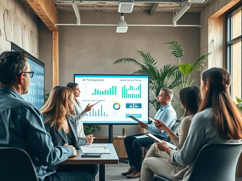 A realistic high-resolution photo of a diverse group of professionals in an office setting, engaged in AI training. The scene shows one instructor at the front, presenting on a large screen with data visualizations. The participants are actively taking notes and discussing among themselves. The office has natural light coming through large windows, with plants in the background, creating a clean and green environment.