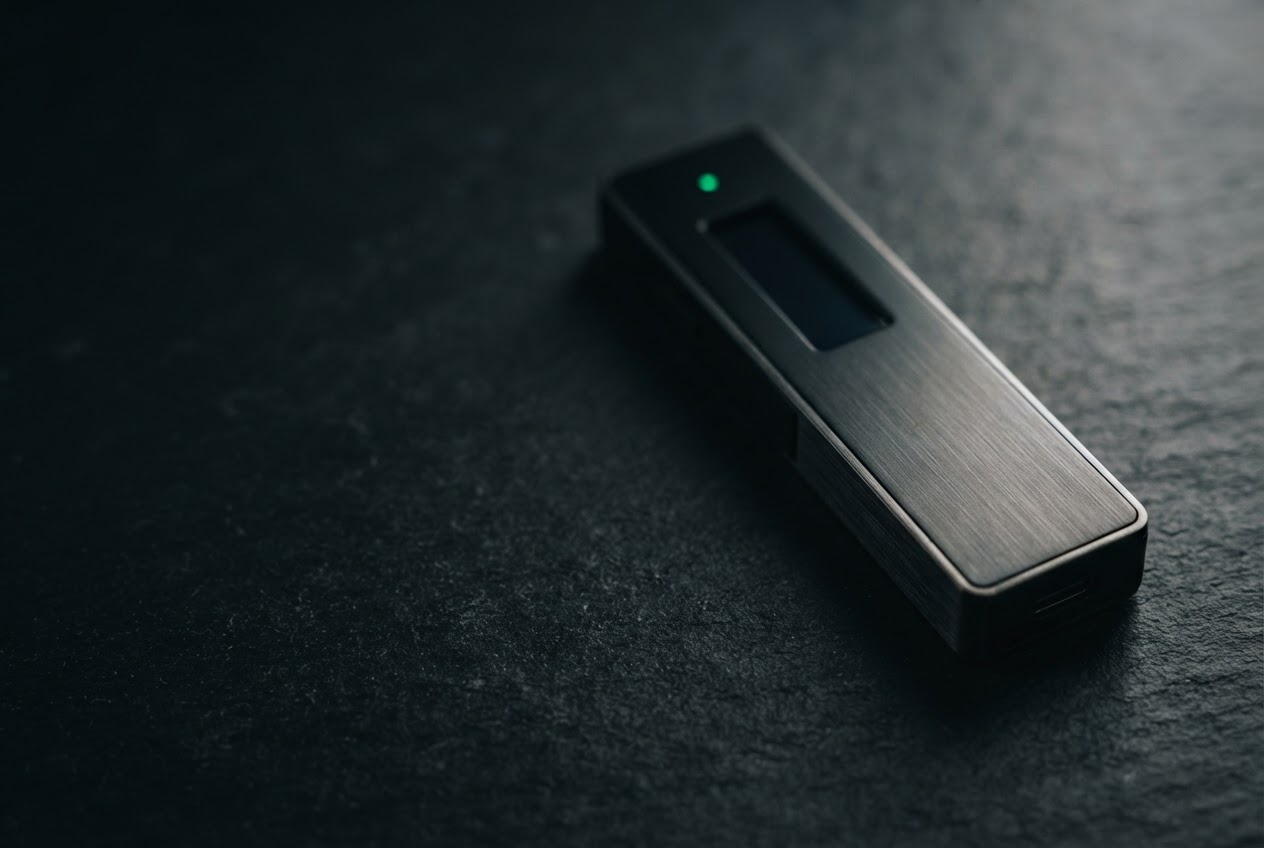 Dark hardware wallet photographed on charcoal stone with a subtle green edge light.