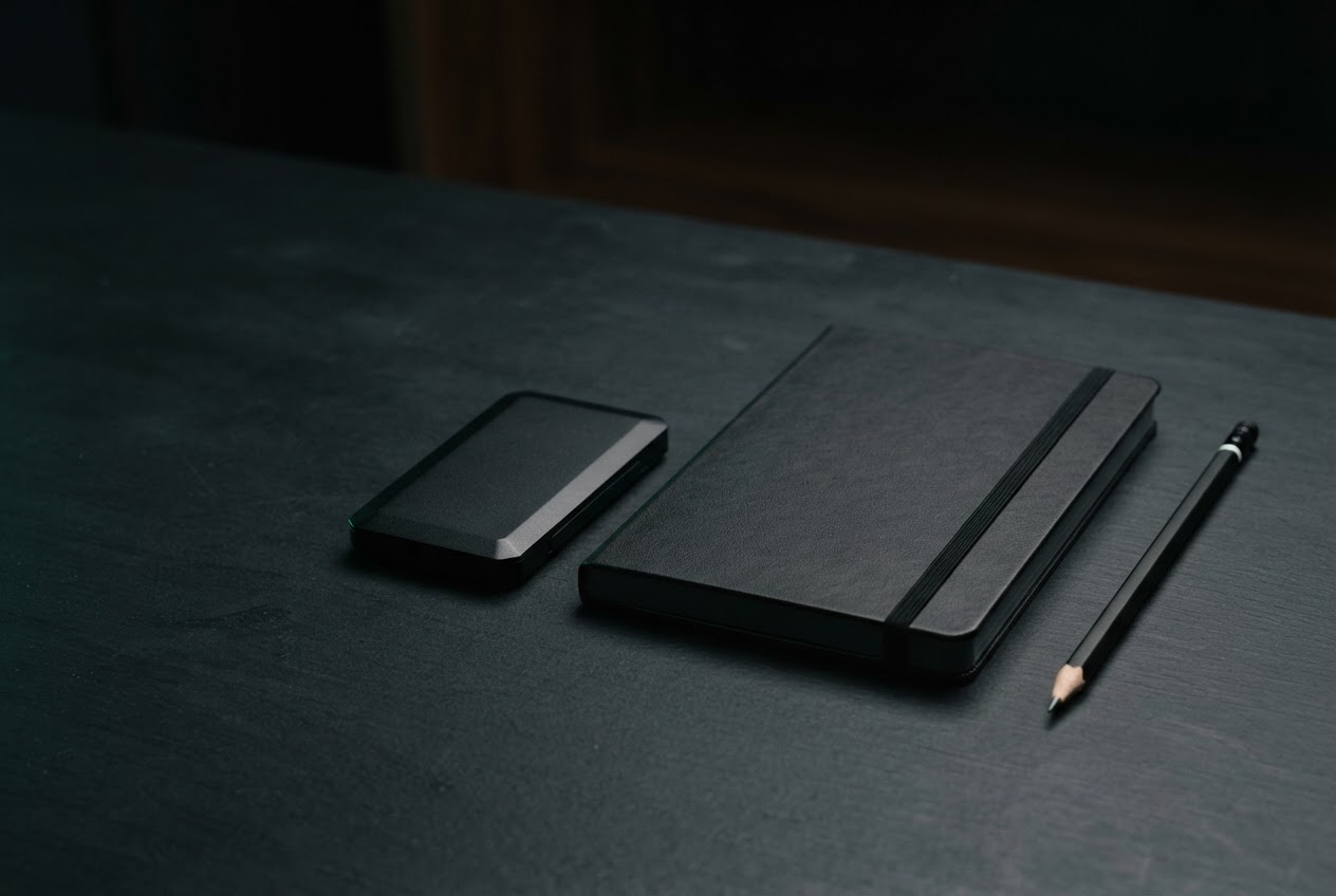 A closed hardware wallet beside a blank notebook and pencil on a dark desk; no recovery phrase is visible.