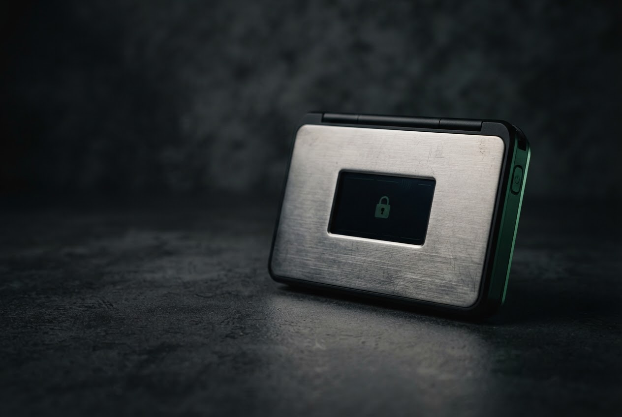 A compact black and brushed-metal hardware wallet on a dark surface, shown without branding.
