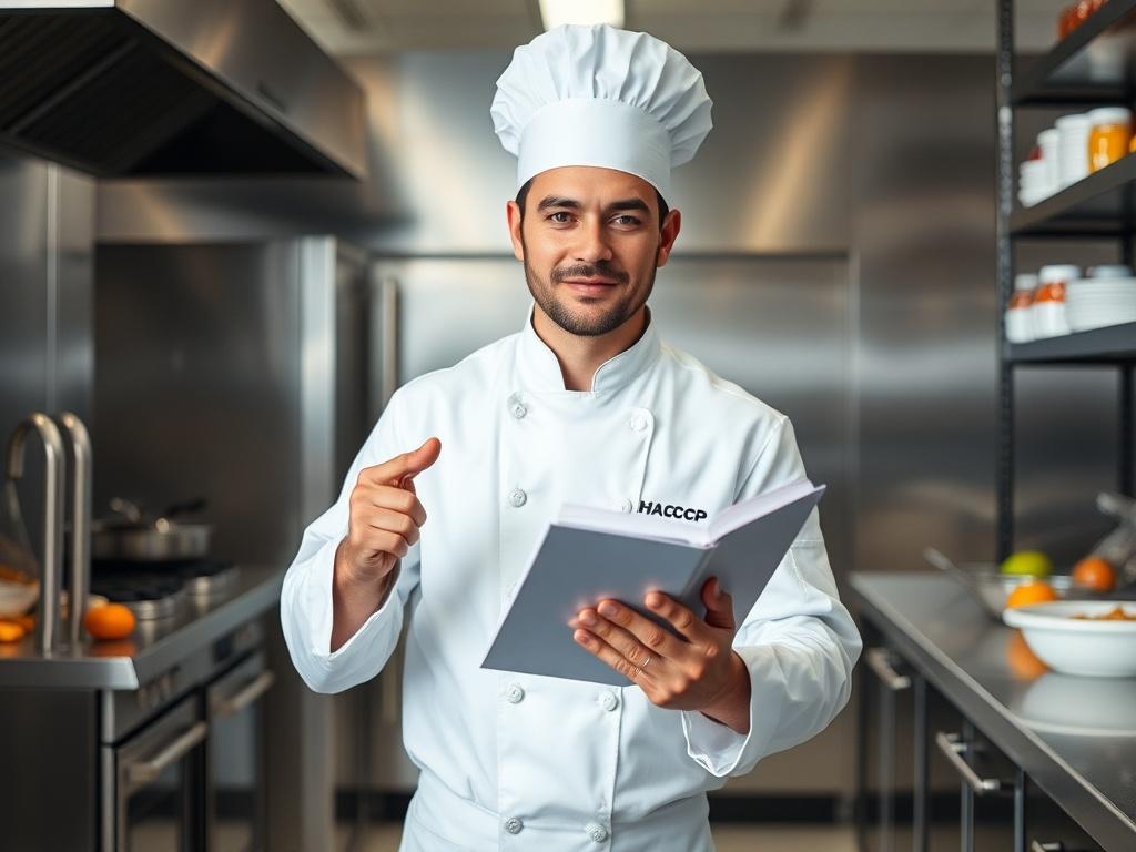 **AI Image Generation Prompt:**

Create a realistic high-resolution photo that captures the essence of food safety training in the restaurant industry, focusing on the significance of HACCP (Hazard Analysis and Critical Control Points) education. 

**Composition Details:**
- The image should feature a single, well-trained chef wearing a clean white uniform and a chef's hat. The chef should be standing confidently in a modern kitchen environment, conveying professionalism and expertise.
- The chef is activel