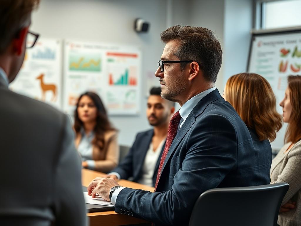 A close-up shot of a food safety expert presenting a customized HACCP manual to a corporate team in a conference room. The background should show a professional setting with charts and food safety visuals. Shot with a 45mm f/1.2 lens style that captures the engagement of the audience.