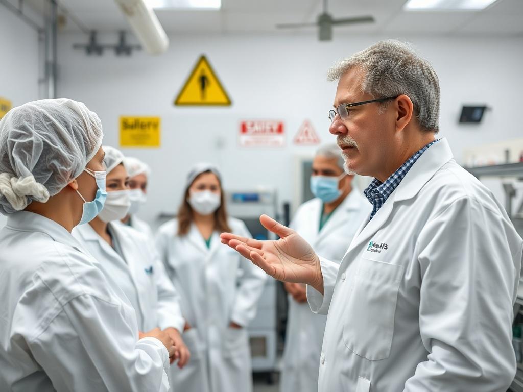 A close-up shot of a food safety training session in a laboratory, with a consultant demonstrating safety procedures to a group of employees. The background should feature laboratory equipment and safety signage, highlighting the importance of food safety training. Shot with a 45mm f/1.2 lens style for a hyper-realistic effect.