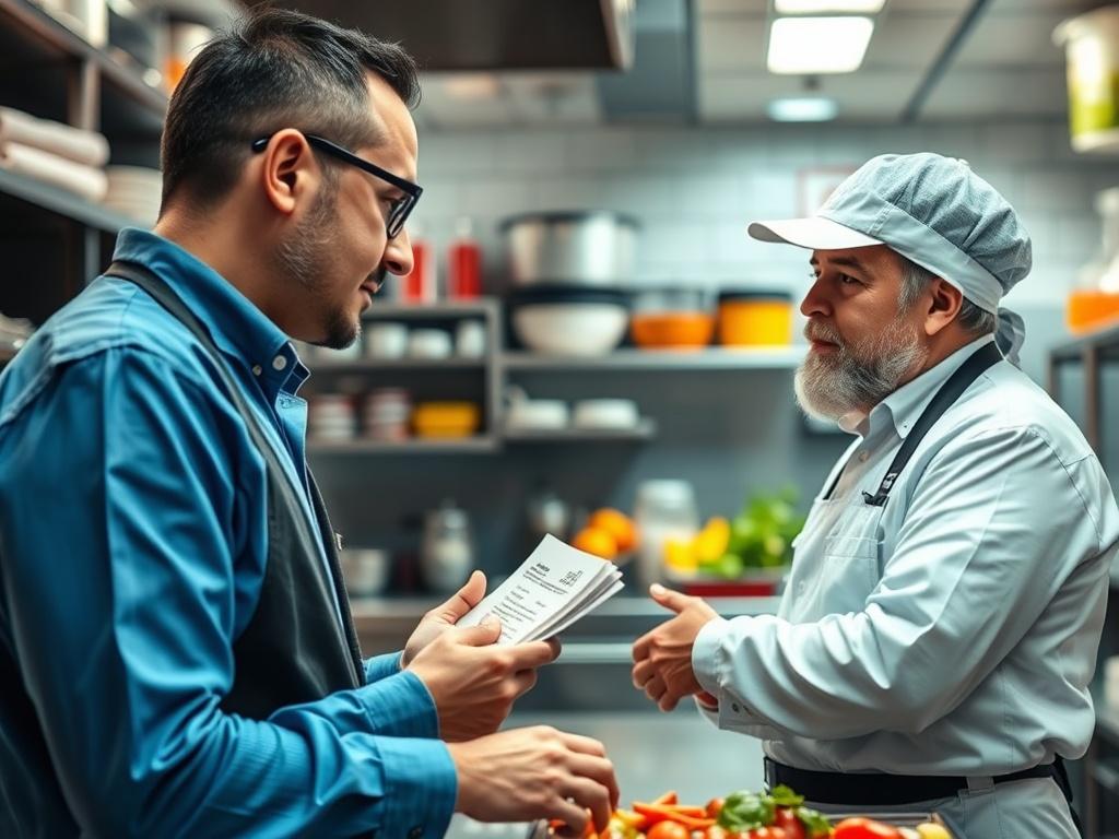 A close-up shot of a food safety consultation session in a restaurant setting, featuring a consultant discussing HACCP guidelines with a restaurant owner. The background should be a clean and organized kitchen environment, emphasizing food safety. The image should have vibrant colors with a focus on the consultant and the owner. Shot with a 45mm f/1.2 lens style, ensuring a hyper-realistic appearance.