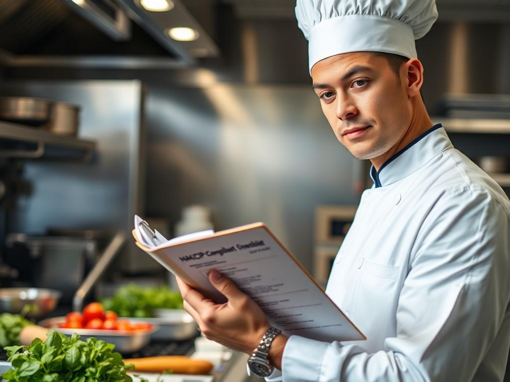 Create a realistic high-resolution photo that illustrates the importance of HACCP in restaurants. The composition should feature a single, clear subject: a chef in a professional kitchen setting. The chef, wearing a crisp white uniform and a chef's hat, should be examining a detailed HACCP compliance checklist on a clipboard. The focus should be on the chef’s expression, which conveys concentration and commitment to food safety.

In the background, there should be an organized kitchen with stainless steel e