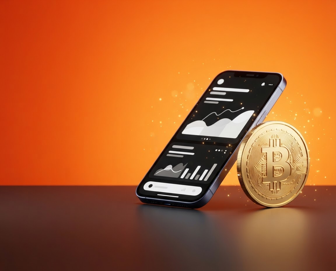 A modern bitcoin app on a phone beside a golden bitcoin
