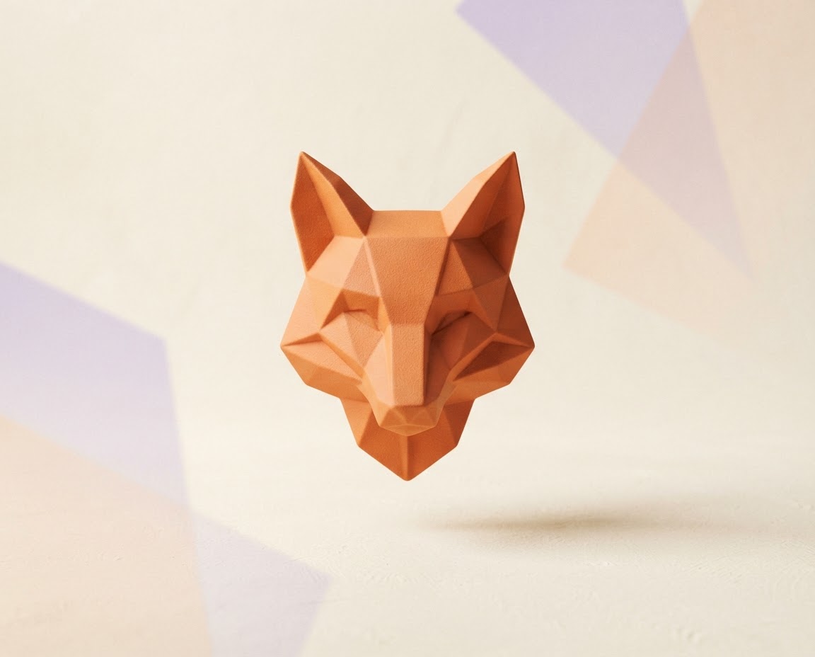 Sculptural orange fox-inspired wallet artwork