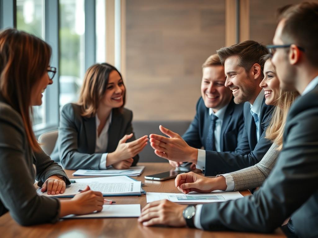 A professional setting with a diverse group of business people