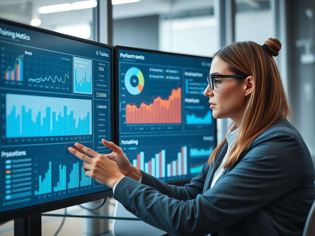 A professional setting where a training coordinator reviews performance metrics