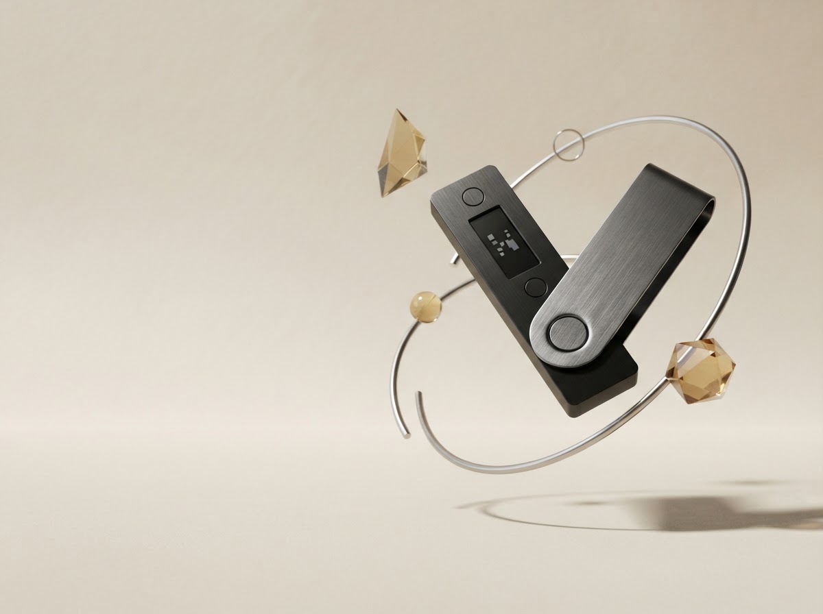 A refined black hardware wallet floating among sculptural golden forms