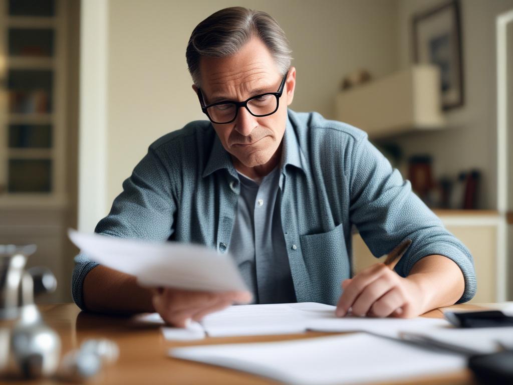 A close-up shot of a determined middle-aged homeowner reviewing their credit report at a desk, natural light illuminating their focused expression, shot with a 45mm f/1.2 lens style. The background is softly blurred, featuring hints of home office elements with color accents in rgb(50, 170, 39), conveying hope and renewal.
