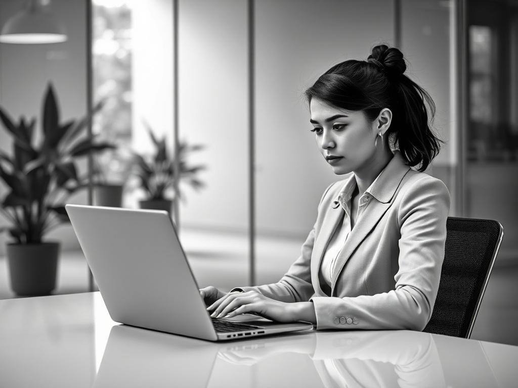 **AI Image Generation Prompt:**

Create a realistic high-resolution black and white photo that represents the theme of a blog titled "Business and Technology." The composition should be simple and clear, featuring a single subject: a confident businesswoman sitting at a modern desk, intently working on a sleek laptop. 

In the foreground, the businesswoman should be centered in the frame, dressed in professional attire, deeply focused as she types. Her expression should convey a sense of determination and f