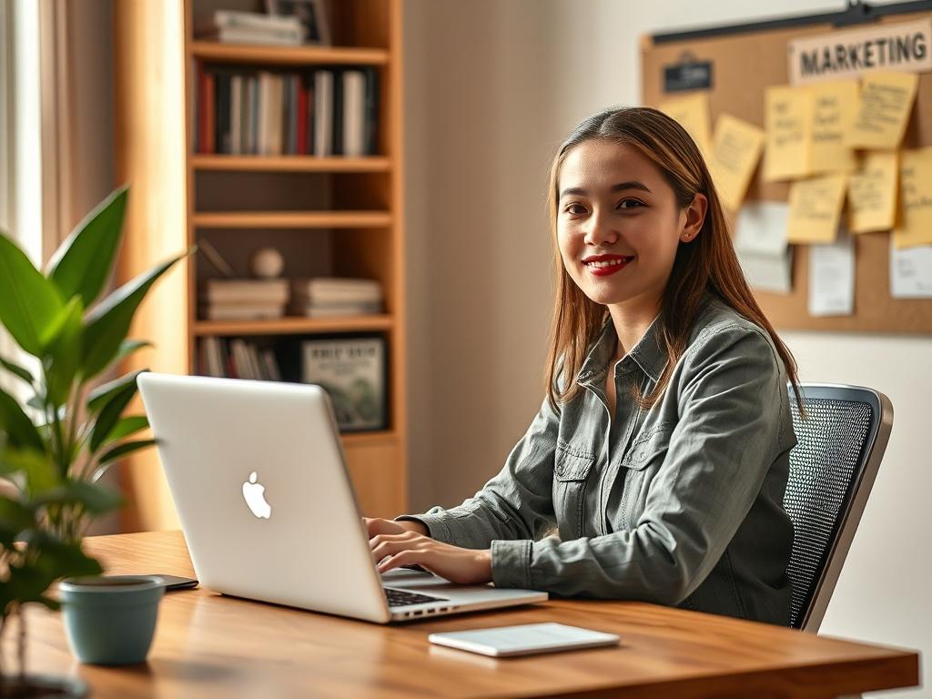 **Prompt for AI Image Generation:**

Create a hyper-realistic high-resolution photo that captures the essence of "Building a Strong Online Presence." The composition should be simple and clear, focusing on a single subject that embodies the concept of establishing a brand online. 

The subject is a young professional, seated at a modern desk in a bright and inviting home office. They are engaged in a video call, looking confident and approachable, symbolizing connection and communication in the digital age.