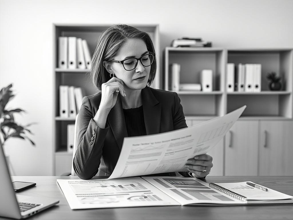 **AI Image Generation Prompt:**

Create a realistic high-resolution black and white photograph that embodies the essence of strategic planning in a business context. The composition should be simple and clear, featuring a single subject: a focused business professional. This individual should be seated at a modern office desk, deeply engrossed in reviewing a detailed strategic plan spread out before them. 

The subject, a middle-aged woman wearing professional attire, should exhibit a look of concentration 