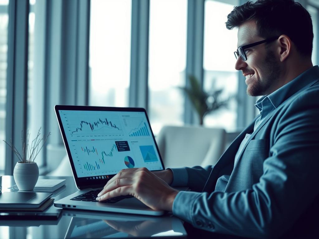 A confident business consultant analyzing market data on a laptop, with graphs and charts displayed on the screen. The background features a modern office setting with large windows letting in natural light. The scene is styled in cool tones with shades of rich blues and soft grays, creating a professional and inviting atmosphere.