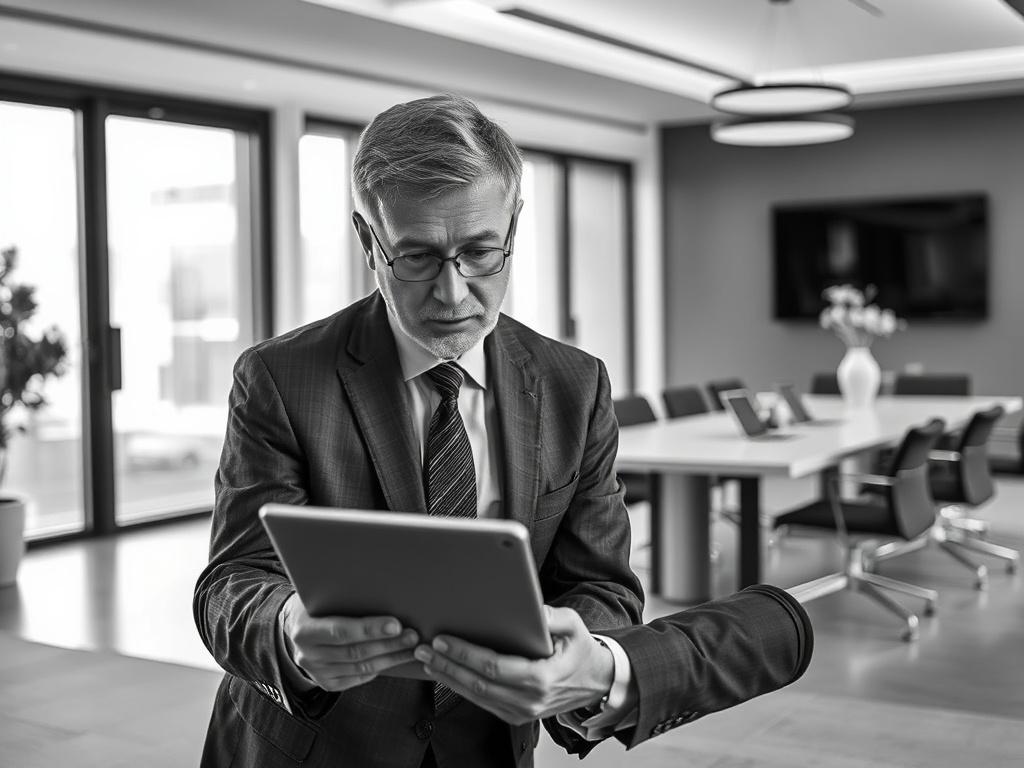 **AI Image Generation Prompt:**

Create a realistic high-resolution black and white image that visually represents the blog titled "Maximizing Business Efficiency." The composition should be simple and clear, featuring a single subject. The subject should be a focused business professional, ideally a middle-aged individual in formal attire, deeply engaged in analyzing data on a laptop or a tablet. Their expression should convey determination and insight, symbolizing the pursuit of efficiency. 

In the backg