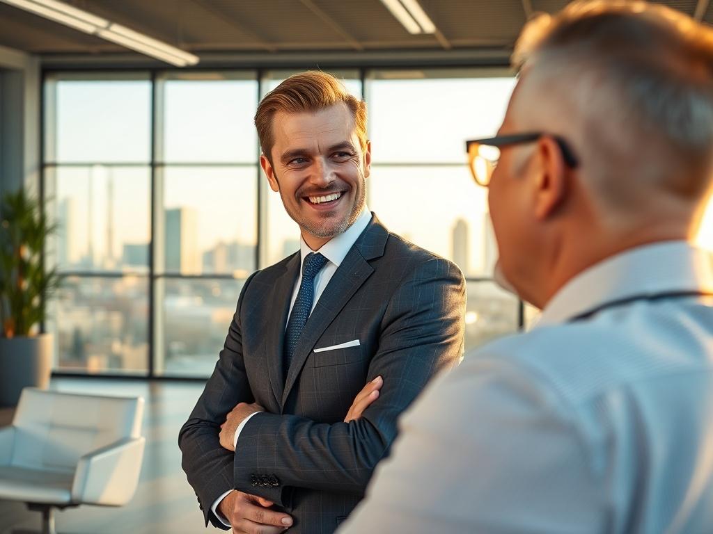 A hyper-realistic close-up shot of a confident business consultant engaging with a client in a modern office setting. The consultant is dressed in professional attire, smiling and focused on the client, who appears engaged and interested. The background features sleek office furniture and a large window with a view of a city skyline, bathed in warm sunlight. The color scheme aligns with the #FF6E4E primary color, enhancing the overall inviting atmosphere.