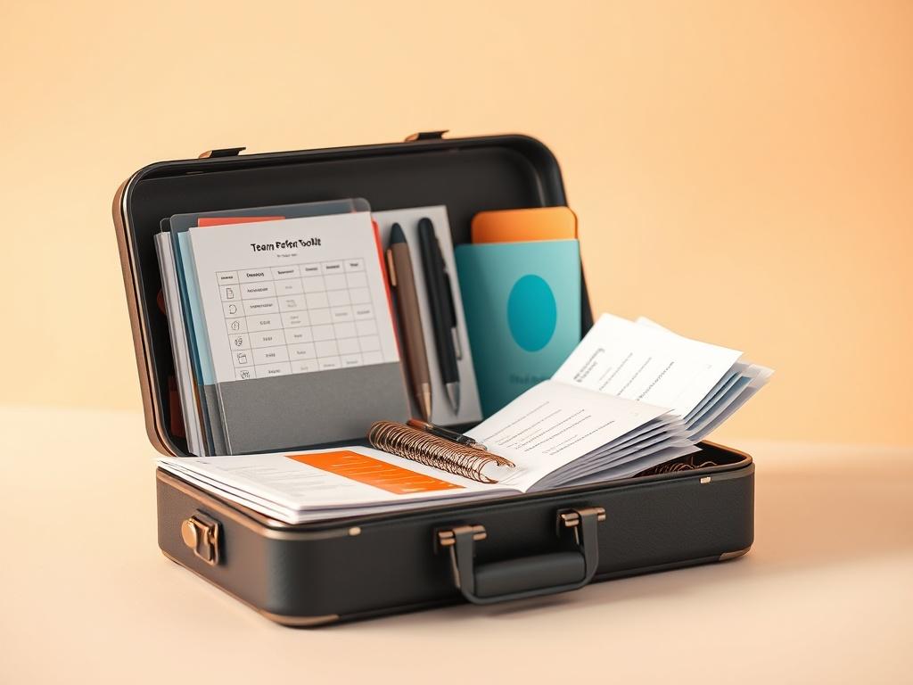 Create a realistic high-resolution photo of a team performance toolkit. The image should feature a sleek, modern toolkit with various tools such as a planner, performance tracking sheets, and motivational materials. The toolkit should be open, displaying its organized contents prominently. The background should be clean and simple, with a soft-focus to keep the attention on the toolkit itself. The overall color scheme should be compatible with a warm palette, primarily using the #FF6E4E color.