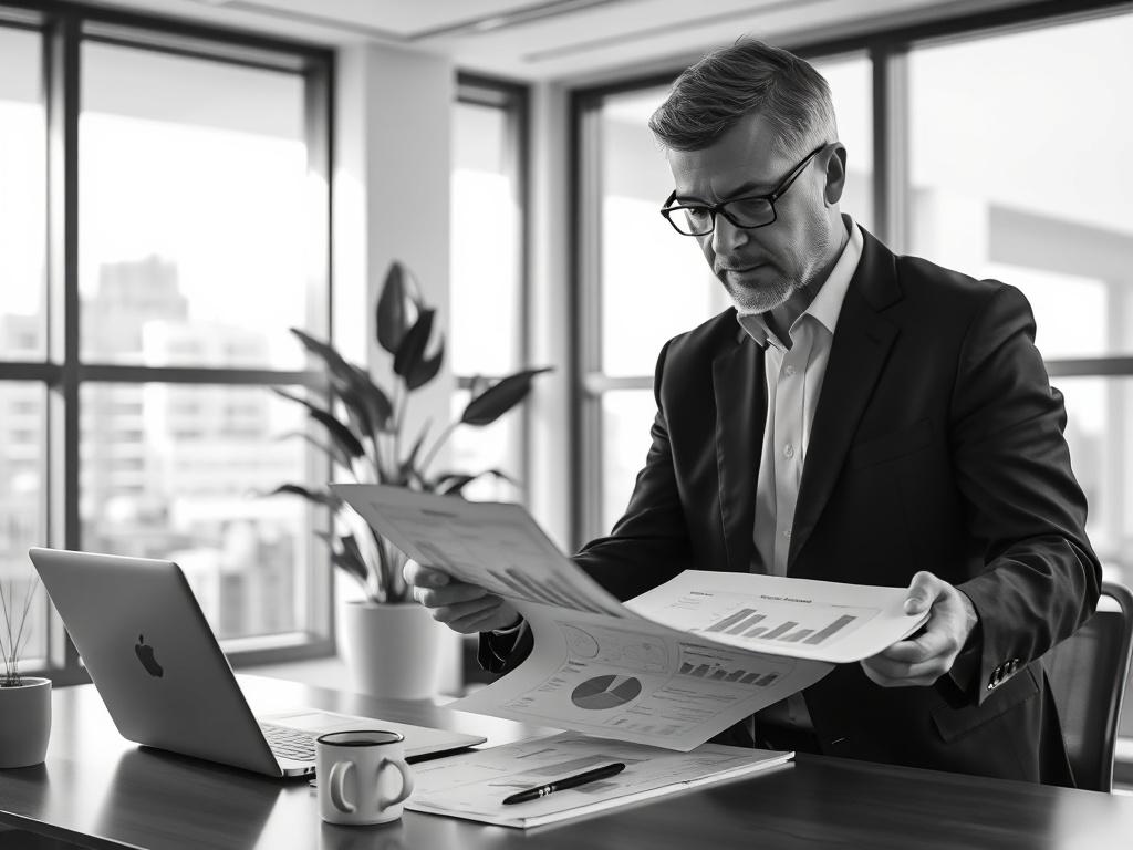 **Prompt for AI Image Generation:**

Create a highly detailed, realistic high-resolution black and white photo that encapsulates the theme of "The Importance of Strategic Planning." The image should feature a single, focused subject: a business professional (a middle-aged person of diverse ethnic background, male or female) intently studying a detailed strategic plan on a desk in a modern office environment. The professional should be dressed in smart business attire, demonstrating concentration and determi