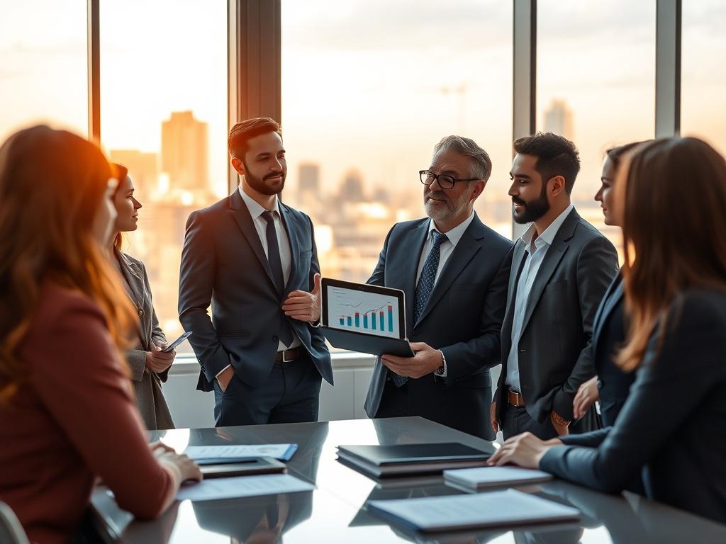 A close-up shot of a confident business consultant discussing strategies with a diverse group of professionals. The setting is a modern office with large windows offering a view of the city skyline. The consultant is engaging and animated, holding a digital tablet displaying growth charts. The atmosphere is collaborative and inspiring, with a warm, inviting color palette that complements the primary color #FF6E4E.
