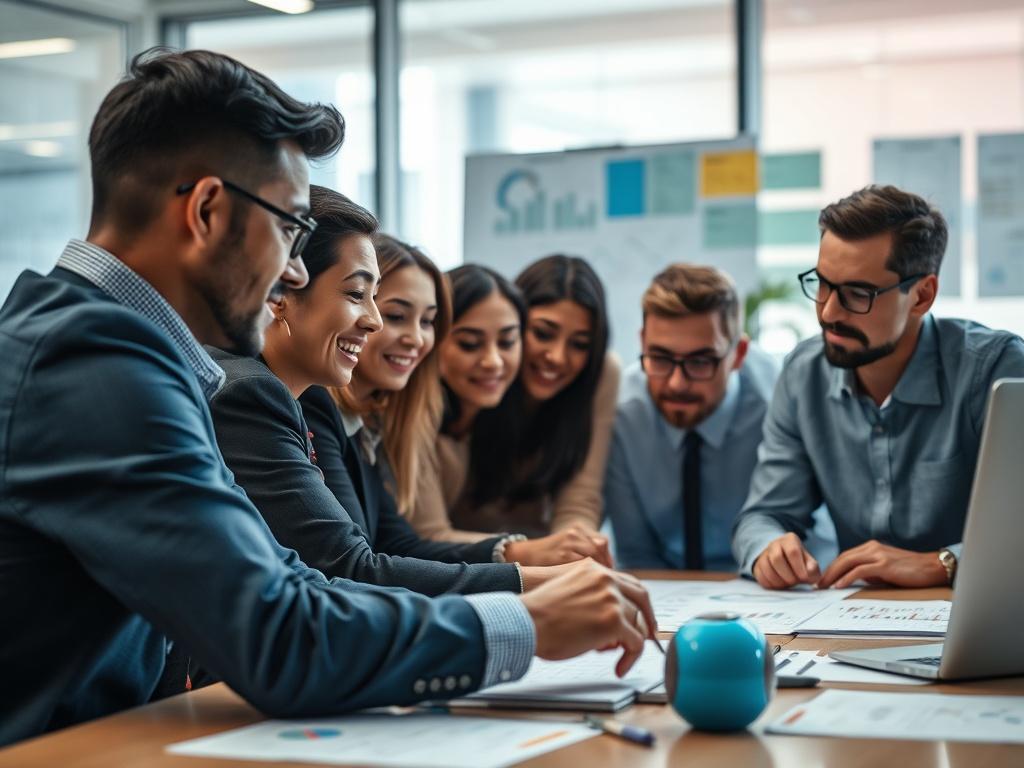 A close-up shot of a business team engaged in a brainstorming session, surrounded by notes and charts. The focus is on a diverse group of professionals collaborating around a table, showcasing teamwork in optimizing operational processes. The background reflects a vibrant office environment, emphasizing creativity and productivity.