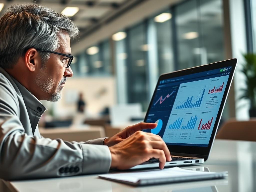 A close-up shot of a business consultant analyzing data on a laptop, with charts and graphs displayed on the screen. The background features a modern office space with a clean and professional atmosphere. The image should focus on the consultant's focused expression, highlighting the importance of strategic planning in business.