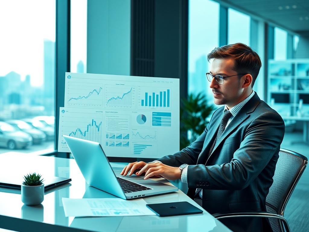 A professional consultant analyzing market data on a laptop, surrounded by charts and graphs in a modern office environment. The consultant is focused, with a look of determination, dressed in business attire. The background features a sleek desk, a window showcasing a city skyline, and a cool-toned color palette with shades of rich blues and soft grays.