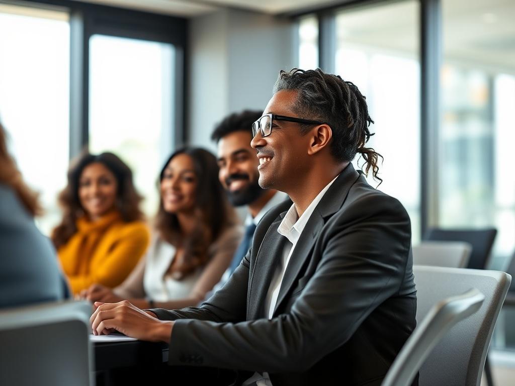 A high-resolution close-up shot of a diverse group of business leaders engaged in a leadership development program. They are participating in an interactive workshop setting, with a focus on collaboration and communication. The background features a modern conference room with large windows letting in natural light, reflecting a professional and motivating environment. The image should capture the energy and enthusiasm of the participants, showcasing an inclusive and dynamic atmosphere.