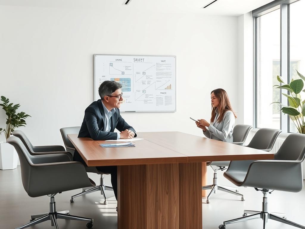 A professional consultant engaged in a strategy session with a client. The scene shows a modern office setting with a large conference table, two people deep in discussion, and a whiteboard with strategic notes in the background. The consultant is a middle-aged man with glasses, dressed in business attire, while the client is a young woman, taking notes. The room features sleek furniture, a minimalistic design, and a large window allowing natural light to flood in.