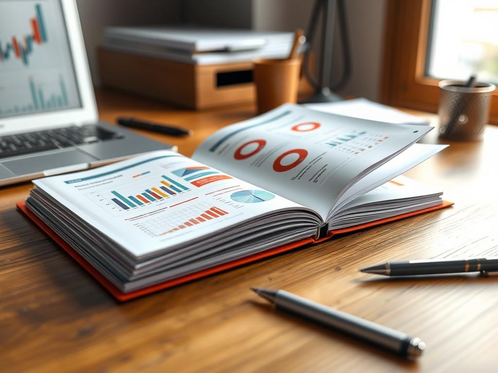 A close-up shot of an open business strategy guide on a wooden desk. The guide is filled with colorful graphs and charts, showcasing various strategic planning elements. In the background, there are subtle hints of office supplies like a laptop, a pen, and a notepad, all softly blurred to keep the focus on the guide. The overall color scheme complements the #FF6E4E primary color, creating a warm and inviting atmosphere.