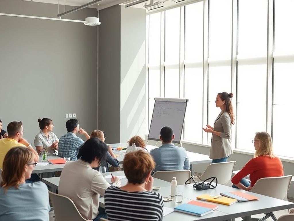 A dynamic workshop in progress, where a consultant is leading a training session. The room is filled with engaged participants sitting at tables, taking notes, and discussing. The consultant, a young woman with an enthusiastic demeanor, stands at the front with a flip chart. The environment is vibrant and interactive, with colorful materials on the tables. Natural light streams through large windows, creating an inviting atmosphere that encourages learning and collaboration.