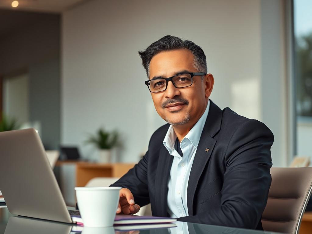 Create a realistic high-resolution photo that embodies the concept of "Maximizing Business Efficiency." The image should focus on a close-up of a confident business professional, a middle-aged individual of mixed ethnicity, sitting at a sleek, modern desk. The subject should be wearing smart casual clothing, exuding a sense of assurance and engagement. Their expression should reflect concentration and determination, highlighting their focus on streamlining operations.

The background should feature a well-o