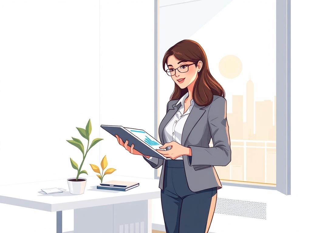 **AI Image Generation Prompt:**

Create a high-quality illustration depicting a dynamic and professional scene focused on the theme of "Unlocking Potential: Effective Strategies for Business Growth." The composition should be simple and clear, featuring a single subject in the center of the image: a confident businesswoman standing in a well-lit modern office. She is reviewing charts and graphs displayed on a sleek digital tablet, which emphasizes her active engagement in strategizing for growth. 

Her atti