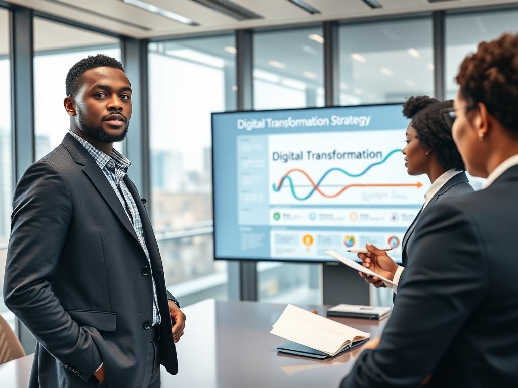 A close-up shot of a consultant presenting a digital transformation strategy to a small group in a conference room. The consultant, a young Black man in a blazer, stands confidently beside a large screen displaying a digital roadmap. The audience, three diverse professionals, are engaged and taking notes. The background features a modern conference room with glass walls and a city view, emphasizing innovation and collaboration in a digital age.