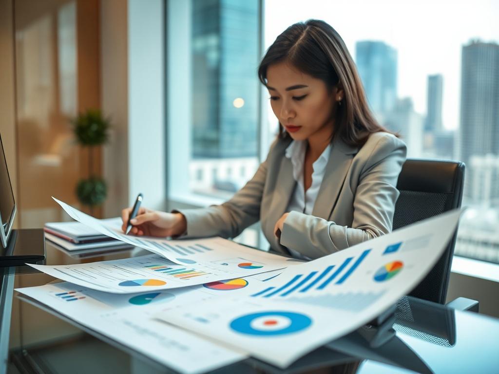 A close-up shot of a consultant analyzing market research data on paper while seated at a desk. The consultant, an Asian woman in business attire, is deep in thought, with colorful charts and graphs spread out in front of her. The background includes a bright window view of a city skyline, adding a dynamic feel to the setting. The image captures the essence of analytical thinking and data-driven decision-making, showcasing the consultant's expertise.