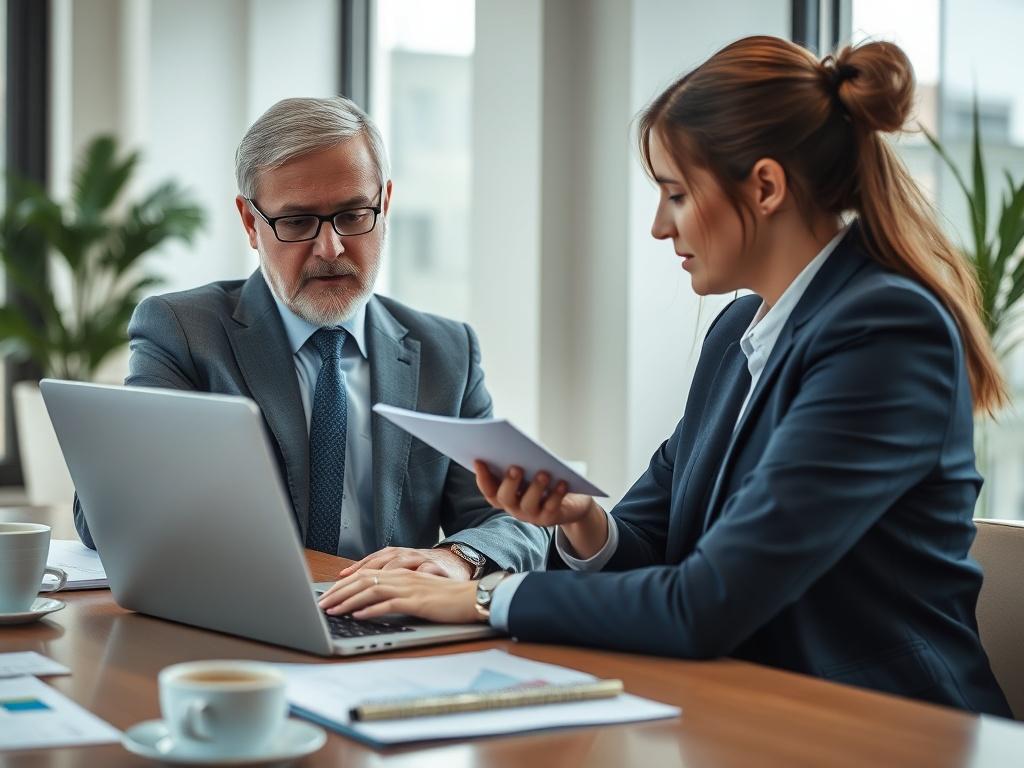 A close-up shot of a professional consultant discussing strategic business planning with a client over a laptop. The consultant, a middle-aged man in a suit, appears engaged and focused. The client, a young woman, takes notes while looking at the screen. The background features a modern office setting with natural light. Objects like a notepad, coffee cup, and business chart are visible on the table, creating a professional and collaborative atmosphere.